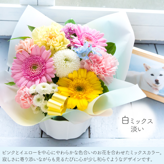 ガーベラのペットお供えアレンジ お悔やみ アレンジメント