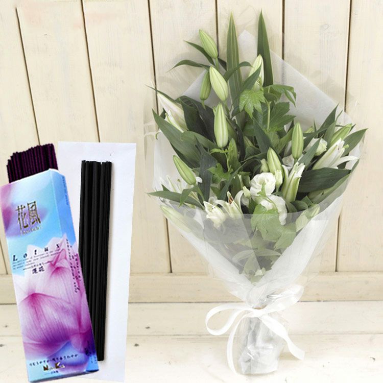 ユリのお供え花束＋花風ロータス蓮花 お線香