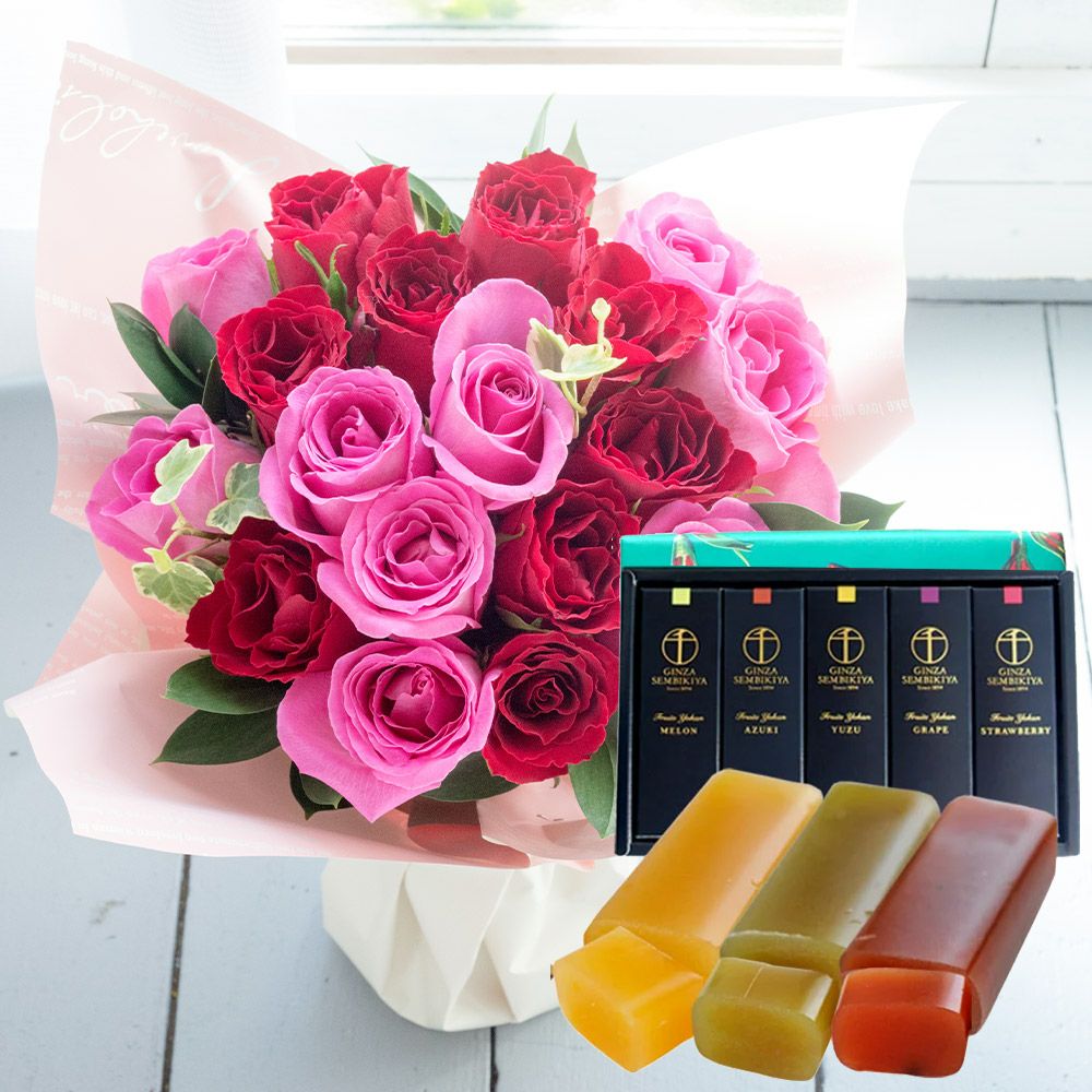 18本バラスタンディングブーケ+【銀座千疋屋】フルーツ羊羹