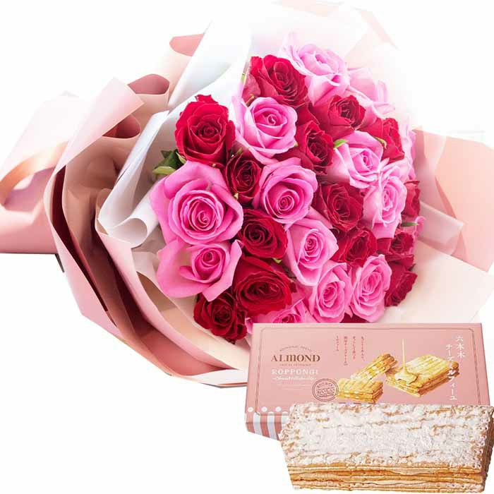 30本バラ花束+「六本木アマンド」チーズミルフィーユギフトセット 生花