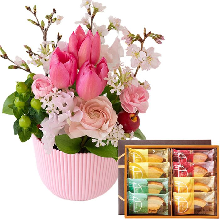花とスイーツのセット 春限定「桜アレンジ」と「銀座千疋屋」銀座フルーツクーヘン 誕生日 アレンジメント スイーツ
