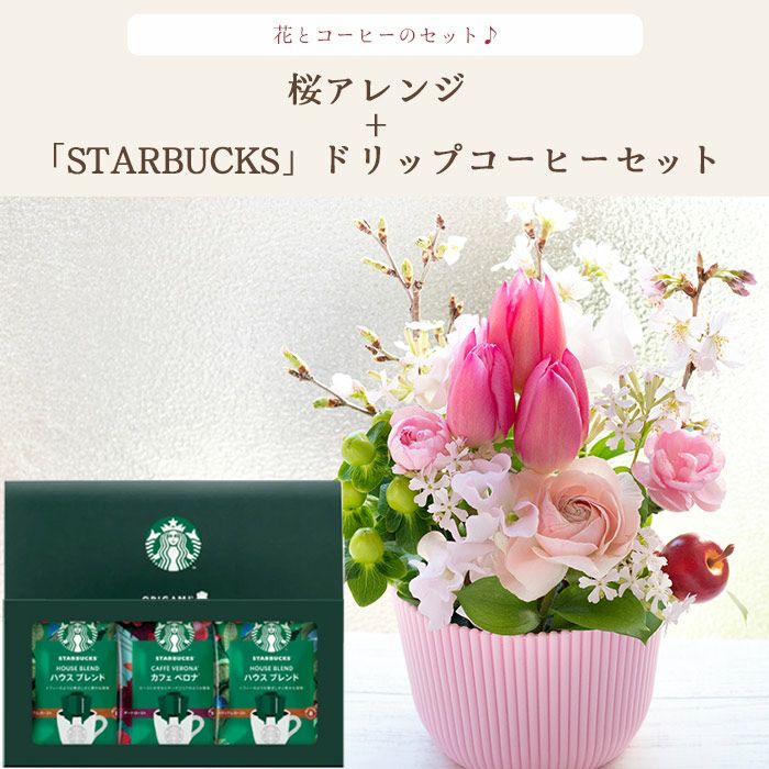 花とコーヒーのセット 春限定「桜アレンジ」と「スターバックス」ドリップコーヒーセット 誕生日 アレンジメント プレゼント