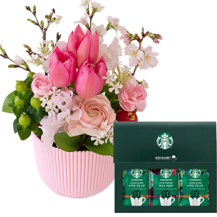 花とコーヒーのセット 春限定「桜アレンジ」と「スターバックス」ドリップコーヒーセット 誕生日 アレンジメント プレゼント
